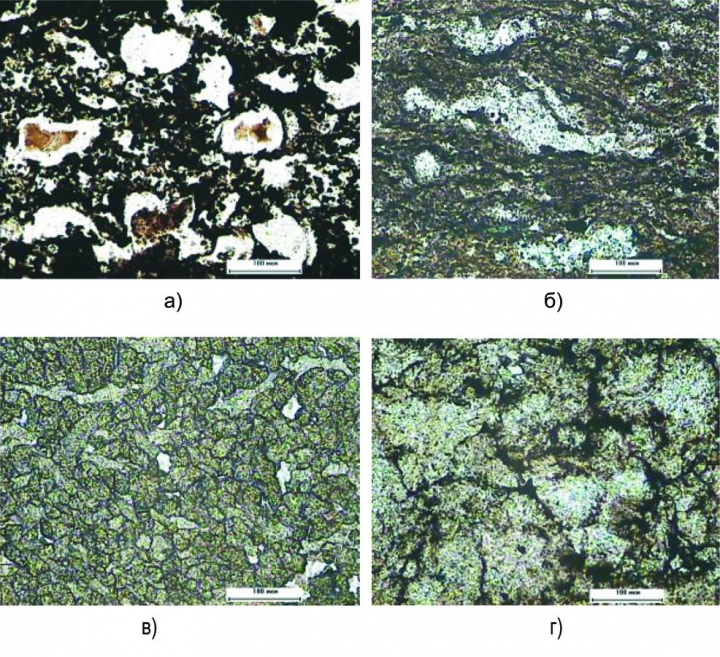 Рис.3. Фотографии петрографических шлифов пород пласта ЮК0, снятых в проходящем свете, отобранных из: а, б – скважины 1195 (интервал отбора 2326 – 2333 м); в, г – скважины 1193 (интервал отбора 2369-2377 м) Красноленинского месторождения (М.Ю. Зубков)