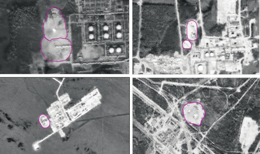 Рис. 1. Формы площадок вокруг факельных установок (фрагменты снимков Alos Prism)
