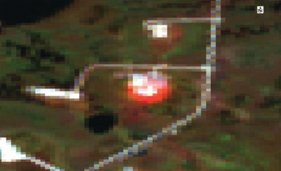 Рис. 3. Горение факельной установки на Аганском лицензионном участке (синтез каналов 7-3-1 Landsat-8 дата съёмки 27.09.2014г.)