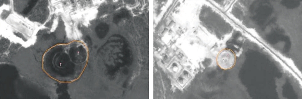 Рис. 6. Дешифрирование нарушенных земель в местах сжигания ПНГ на Лянторском лицензионном участке (фрагменты снимка Alos Prism)