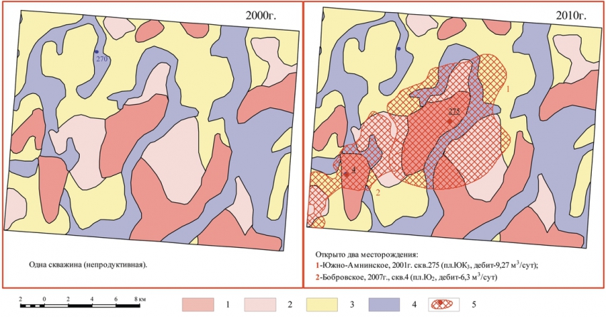 Рис. 3. Проверка временем зонального космофотонефтепрогнозирования участка Амнинский. 1-4 – Земли, оцененные космодешифрированием: 1 – высокопродуктивные, 2 – средней продуктивности, 3 – малопродуктивные (1-5), 4 – непродуктивные. 5 – Проверяющая информация (месторождения, продуктивные скважины)