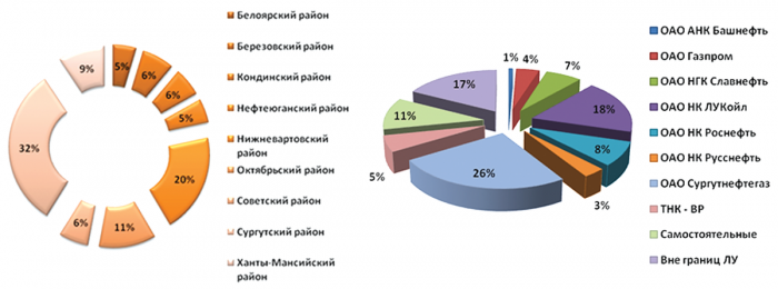 Рис. 12. Распределение нарушенных участков по районам и компаниям-недропользователям