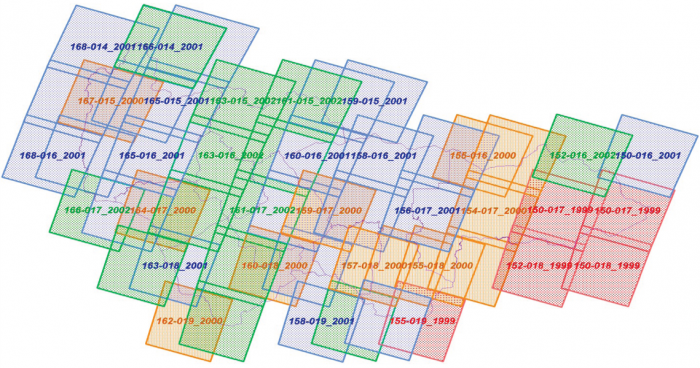 Рис. 1. Покрытие космическими снимками среднего разрешения территории Югры на период 2000-2006 гг.