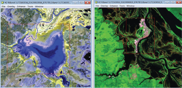 Рис. 3. Фрагменты космических снимков Landsat-7, синтез каналов 7-5-3 и 7-4-2