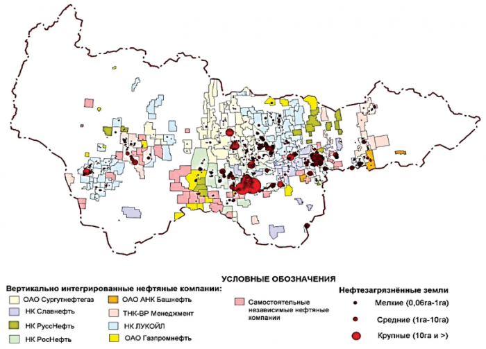 Рис. 5. Карта-схема нефтезагрязненных земель на территории распределенного фонда недр (по данным дешифрирования космических снимков).