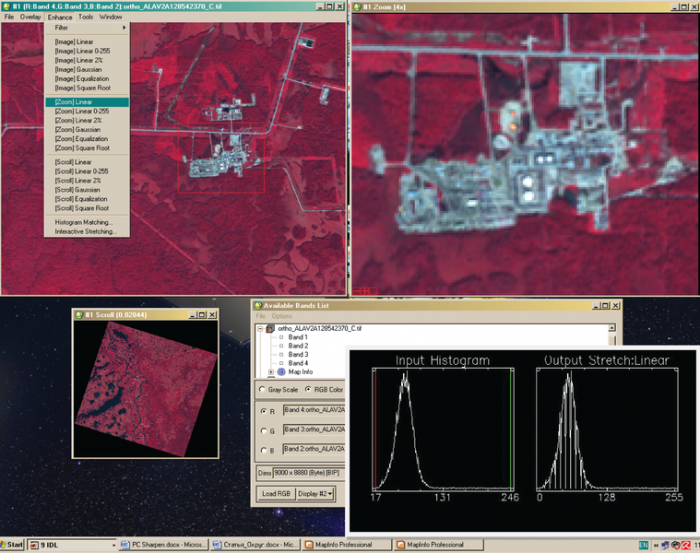 Рис. 7. Подстройка гистограммы снимка под факелы в ПК ENVI 4.6