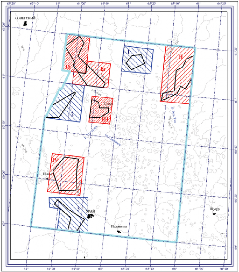 Рис. 2. Шаимский район регионального космофотонефтепрогнозированя 1991 года. Участки и площади проверки временем. Участки: Iа – Тултьяхский, Iб – Малошушминский, II – Корсунско-Потанайский, III – Мансингъянский, IV – Окуневский. Площади: 1 – Южно-Ловинская, 2 – Восточно-Даниловская, 3 – Южно-Трехозерная. Черным выделены рекомендованные границы геолого-геофизической детализации