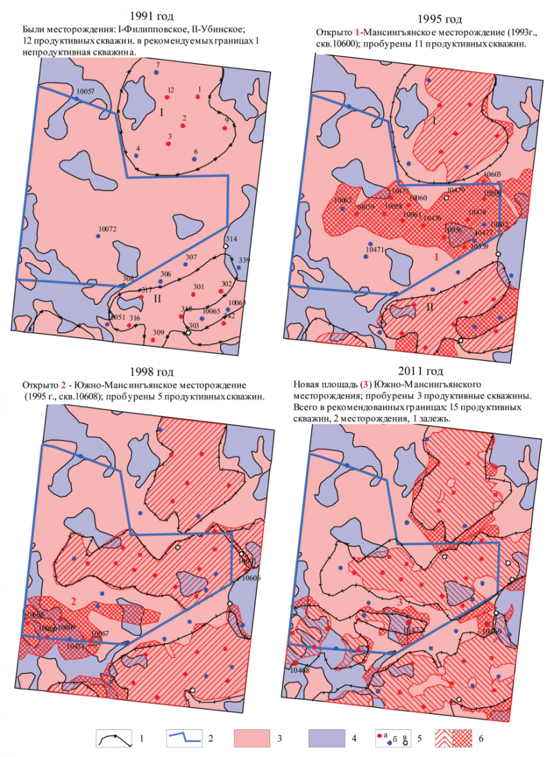 Рис. 4. Проверка временем регионального космофотонефтепрогнозирования Шаимского нефтедобывающего района (участок III – Мансингъянский). 1 – «Старые» месторождения. 2 – Рекомендованный (1991г.) автором прогноза участок нефтепоисковых работ. 3-4 – Космофотоземли: нефтеперспективные (3), бесперспективные (4). 5 – Скважины: продуктивные (а), непродуктивные (б), малодебитные (в). 6 – «Новые» месторождения и залежь