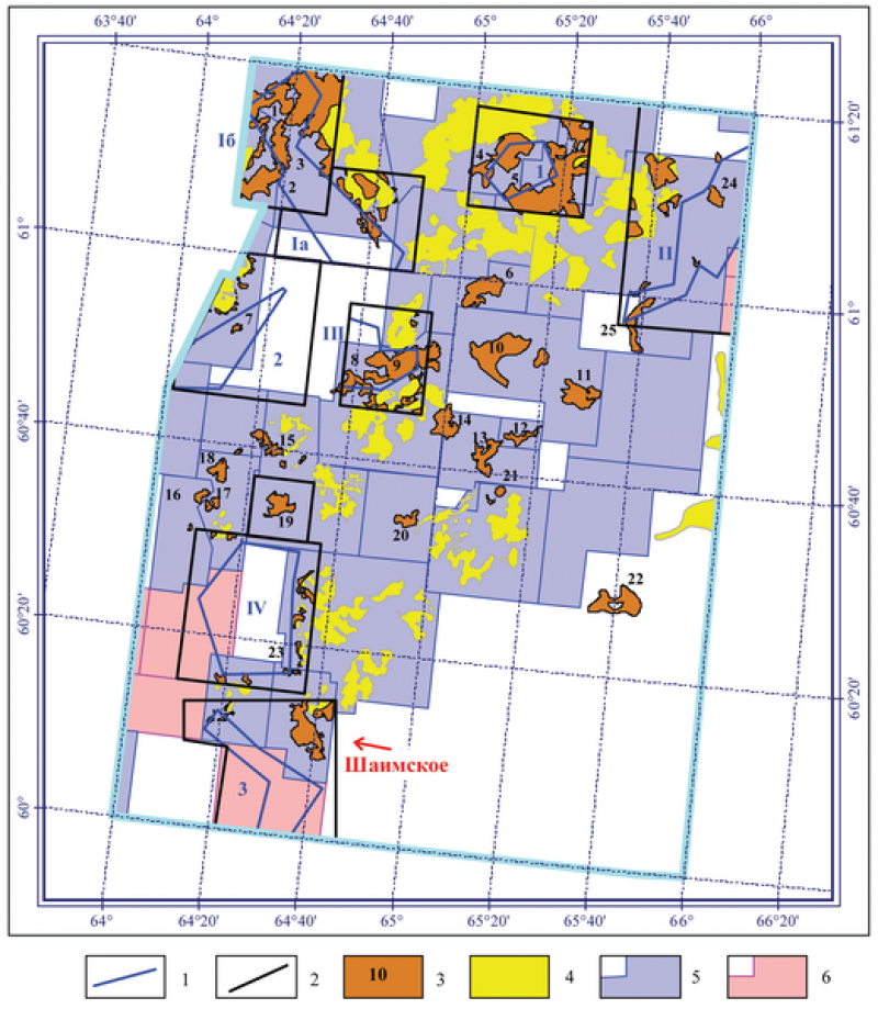 Рис. 6. Участки проверки космофоторекомендаций 1991 года, месторождения и лицензионные участки (на 2011 год) Шаимского нефтедобывающего района. Границы проверок космофоторекомендаций: 1 – рекомендованные в 1991 году, 2 – фактические. Месторождения: 3 – «новые», открытые после космофотонефтепрогнозирования, 4 – «старые». Лицензионные участки: 5 – геологического изучения, разведки и добычи, 6 – геологического изучения. Участки проверки: Iа – Тултьяхский, Iб – Малошушминский, II – Корсунско-Потанайский, III – Мансингъянский, IV – Окуневский, 1 – Южно-Ловинская пл., 2 – Восточно-Даниловская пл., 3 – Южно-Трехозерная пл. Список «новых» месторождений (выделены открытые на участках проверки космофоторекомендаций): 1 – Северо-Шушминское, 2 – Малошушминское, 3 – Южно-Шушминское, 4 – Амыньинское, 5 – Малокартопьинское, 6 – Урайское, 7 – Южно-Даниловское, 8 – Южно-Мансингъянское, 9 – Мансингъянское, 10 – Лумутинское, 11 – Каюмовское, 12 – Северо- Семивидовское, 13 – Западно-Семивидовское, 14 – Южно-Валовое, 15 – Западно-Славинское, 16 – Хултурское, 17 – Малочанчарское, 18 – Турское, 19 – Андреевское, 20 – Польемское, 21 – Северо-Толумское, 22 – Восточно-Толумское, 23 – Маломортымьинское, 24 – Северо-Корсунское, 25 – Южно-Оханское