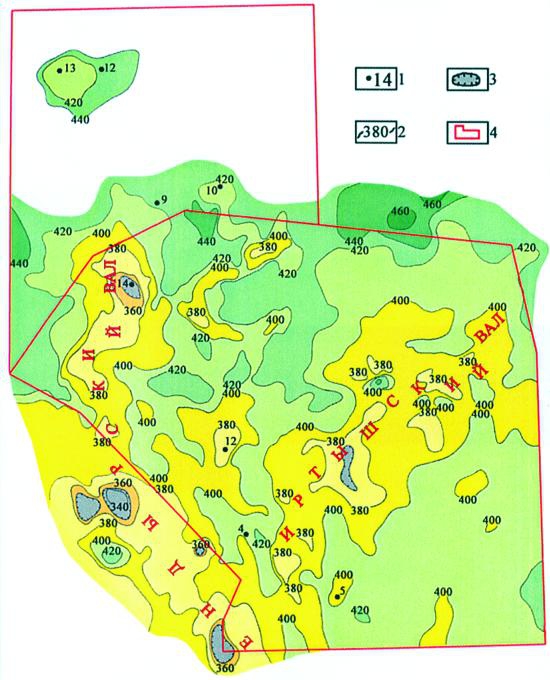 Рис.5. Палеотектоническая карта развития Ендырской площади в юрское время. Условные обозначения:1 — пробуренные скважины; 2 — изопахиты юрских отложений; 3 — зоны полного их выклинивания; 4 — границы лицензионных участков.