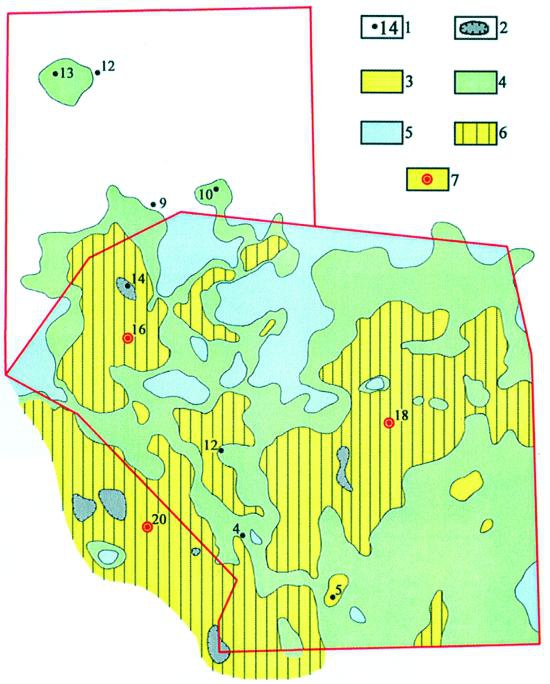 Рис.6. Карта перспектив нефтегазоносности пласта Ю10 в пределах Ендырской площади. Условные обозначения: 1 — пробуренные скважины; 2 — зоны отсутствия нижнеюрских отложений; 3 — зоны с содержанием песчаников в пласте Ю10 более 50%; 4 — зоны с содержанием песчаников 50-25%; 5 — зоны с содержанием песчаников менее 25%; 6 — перспективные ловушки; 7 — рекомендуемые скважины.
