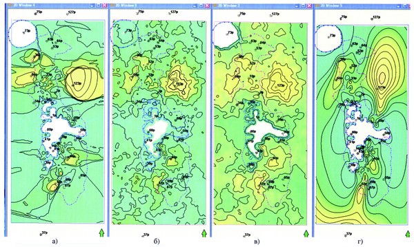 Рис.1. Карты эффективных толщин пласта Ю11: а) из 3D модели, рассчитанной методом Indicator Kriging, б) из 3D модели, рассчитанной методом Sequential Indicator Simulation, в) из 3D модели после осреднения двух методов, г) из 2D модели