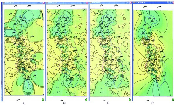 Рис.2. Карты эффективных толщин пласта Ю12: а) из 3D модели, рассчитанной методом Indicator Kriging, б) из 3D модели, рассчитанной методом Sequential Indicator Simulation, в) из 3D модели после осреднения двух методов, г) из 2D модели